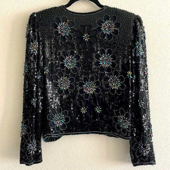 VINTAGE DESIGNER SKC 100% Silk Sequin & Beaded Floral Puff Crop Jacket GATSBY - Picture 5 of 10
